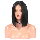 voordelige Pruiken van echt haar, met kanten voorzijde-Echt haar 4x13 Sluiting Pruik Bobkapsel Kardashian Recht Pruik 130% Haardichtheid met babyhaar Natuurlijke haarlijn Voor donkere huidskleur Voor Dames Kort Kanten pruiken van echt mensenhaar