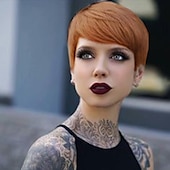 abordables Pelucas naturales de malla-Mezcla de cabello humano Peluca Corta Recto Corte Pixie Peinados cortos 2020 Corte Recto Corto Parte lateral Hecho a Máquina Mujer Negro natural # 1B castaño medio Rubio fresa / Rubio Claro 8 pulgadas