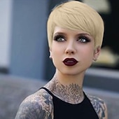 abordables Pelucas naturales de malla-Mezcla de cabello humano Peluca Corta Recto Corte Pixie Peinados cortos 2020 Corte Recto Corto Parte lateral Hecho a Máquina Mujer Negro natural # 1B castaño medio Rubio fresa / Rubio Claro 8 pulgadas