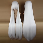 economico Parrucche da festa-parrucche bianche per donne parrucca cosplay parrucca sintetica liscia con frangia parrucca molto lunga con riga laterale parrucche bianche di carnevale