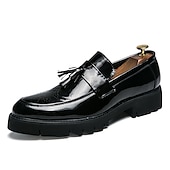 preiswerte Herrenpantoletten &amp; -slipper-Herren-Loafer aus schwarz-goldenem Lackleder mit Quastendetails und robuster Sohle für formelle und legere Anlässe