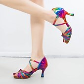 Χαμηλού Κόστους Latin Παπούτσια-γυναικεία παπούτσια χορού rainbow latin με λουράκι και σουέτ σόλα - πολύχρωμες γόβες salsa ballroom