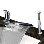 billige Badekraner-badekarkran i rustfritt stål, romersk badekar moderne krom enkelthåndtak tre hull badekar dusj blandebatteri med varm og kald bryter og keramisk ventil