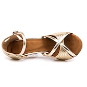 abordables Chaussures de danses latines-chaussures de danse latine dorées pour femmes avec lanières pailletées, bout ouvert et semelle en daim pour les spectacles de salon et de salsa