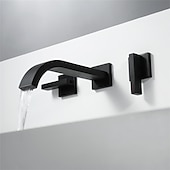 voordelige Muursteun-badkamer wastafel kraan, muurbevestiging messing waterval wijdverspreide zwarte twee handgrepen twee gaten badkranen