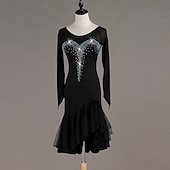 olcso Latin tánc ruházat-tánc salsa latin táncruha kristályok / strasszok női edzéselőadás hosszú ujjú magas spandex tüll