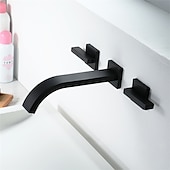 voordelige Muursteun-badkamer wastafel kraan, muurbevestiging messing waterval wijdverspreide zwarte twee handgrepen twee gaten badkranen