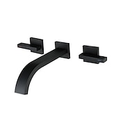 voordelige Muursteun-badkamer wastafel kraan, muurbevestiging messing waterval wijdverspreide zwarte twee handgrepen twee gaten badkranen