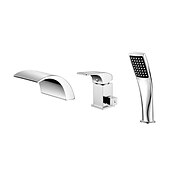 voordelige Romeinse badkuip-waterval bad kraan badrandcombinaties, badvuller mengkraan set handheld 3 gat 2 uitloop met handsproeier, messing douche keramische klep kit badkamer