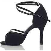 halpa Lattarikengät-naisten mustat satiinikorkokengät pehmeällä mokkanahkapohjalla – tyylikäs avokärkimuotoilu nilkkahihnalla latina- ja juhlatanssiin