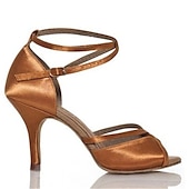 halpa Lattarikengät-naisten mustat satiinikorkokengät pehmeällä mokkanahkapohjalla – tyylikäs avokärkimuotoilu nilkkahihnalla latina- ja juhlatanssiin