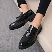 preiswerte Herrenpantoletten &amp; -slipper-Herren-Loafer aus schwarz-goldenem Lackleder mit Quastendetails und robuster Sohle für formelle und legere Anlässe