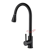 abordables Grifo pulverizador desmontable-Grifo mezclador de fregadero de cocina con rociador extraíble negro, grifos de cocina de un solo mango giratorios 360 montados en cubierta, grifo de fregadero de cocina de latón de un orificio grifos de recipiente de agua