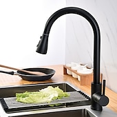 abordables Grifo pulverizador desmontable-Grifo mezclador de fregadero de cocina con rociador extraíble negro, grifos de cocina de un solo mango giratorios 360 montados en cubierta, grifo de fregadero de cocina de latón de un orificio grifos de recipiente de agua