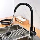 abordables Grifo pulverizador desmontable-Grifo mezclador de fregadero de cocina con rociador extraíble negro, grifos de cocina de un solo mango giratorios 360 montados en cubierta, grifo de fregadero de cocina de latón de un orificio grifos de recipiente de agua