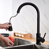 abordables Grifo pulverizador desmontable-Grifo mezclador de fregadero de cocina con rociador extraíble negro, grifos de cocina de un solo mango giratorios 360 montados en cubierta, grifo de fregadero de cocina de latón de un orificio grifos de recipiente de agua