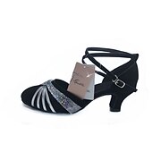 preiswerte Schuhe für Standardtanz und Modern Dance-Latein-Tanzschuhe für Damen – schwarze Wildleder-Ballsaal-Absätze mit goldenen Riemen, Knöchelriemen und Wildledersohle für Salsa, Tango und Performance