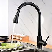 abordables Grifo pulverizador desmontable-Grifo mezclador de fregadero de cocina con rociador extraíble negro, grifos de cocina de un solo mango giratorios 360 montados en cubierta, grifo de fregadero de cocina de latón de un orificio grifos de recipiente de agua