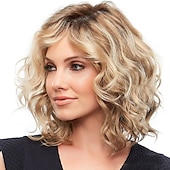 economico parrucca più vecchia-parrucche bionde per le donne tessere parrucca parte centrale riccia media lunghezza capelli sintetici dorati chiari 16 pollici design alla moda donna donna marrone sintetico
