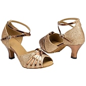 abordables Chaussures de danses latines-chaussures de danse à paillettes or rose pour femmes avec bout ouvert, semelle en daim souple et design à lanières - boucle réglable pour la danse latine et de salon