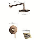 abordables Systèmes de douche à valve brute-ensemble de robinets de douche encastrés vintage pommeau de douche de 8 &quot;, mélangeur de système de douche rugueux dans la tête de pluie à haute pression avec drain, baignoire murale et kit de garniture de douche salle de bain