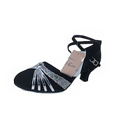 preiswerte Schuhe für Standardtanz und Modern Dance-Latein-Tanzschuhe für Damen – schwarze Wildleder-Ballsaal-Absätze mit goldenen Riemen, Knöchelriemen und Wildledersohle für Salsa, Tango und Performance