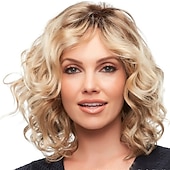 economico parrucca più vecchia-parrucche bionde per le donne tessere parrucca parte centrale riccia media lunghezza capelli sintetici dorati chiari 16 pollici design alla moda donna donna marrone sintetico