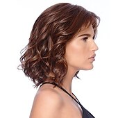 abordables perruque plus âgée-perruques brunes pour femmes perruque synthétique perruque partie latérale bouclée longueur moyenne cheveux synthétiques bruns / bordeaux 16 pouces design à la mode pour femmes femmes synthétiques