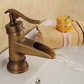 abordables Classiques-robinet de lavabo de salle de bain, robinets de bain monotrou en laiton antique cascade avec interrupteur chaud et froid
