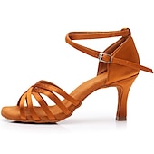 abordables Chaussures de danses latines-Chaussures de danse latine à talons en satin pour femmes – Chaussures de salsa à lanières avec bride à la cheville pour les performances et les entraînements
