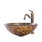 economico Lavabi da appoggio-lavabo da bagno vintage set rotondo 16,5 &quot;x5,7&quot;, miscelatore lavabo e scarico combinato con scarico a scomparsa, vasca per lavabo artistico in vetro temperato a forma di barca, lavabo da appoggio sopra il lavabo