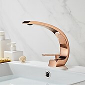 abordables Clásico-Grifo de latón para lavabo de baño, juego central con forma de curva de oro rosa, juego de grifo de un solo orificio con agua fría y caliente