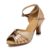 abordables Chaussures de danses latines-chaussures de danse à paillettes or rose pour femmes avec bout ouvert, semelle en daim souple et design à lanières - boucle réglable pour la danse latine et de salon
