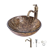 economico Lavabi da appoggio-lavabo da bagno vintage set rotondo 16,5 &quot;x5,7&quot;, miscelatore lavabo e scarico combinato con scarico a scomparsa, vasca per lavabo artistico in vetro temperato a forma di barca, lavabo da appoggio sopra il lavabo
