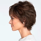 abordables perruque plus âgée-perruques brunes pour femmes perruque synthétique bouclés partie libre perruque courte cheveux synthétiques bruns / bordeaux 12 pouces design à la mode pour femmes femmes synthétiques brun foncé