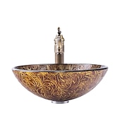 economico Lavabi da appoggio-lavabo da bagno vintage set rotondo 16,5 &quot;x5,7&quot;, miscelatore lavabo e scarico combinato con scarico a scomparsa, vasca per lavabo artistico in vetro temperato a forma di barca, lavabo da appoggio sopra il lavabo
