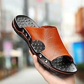 abordables Sandales décontractées-sandales en cuir noir à enfiler pour hommes – sandales de plage décontractées à bout ouvert avec design clouté et semelle confortable