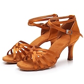 abordables Chaussures de danses latines-Chaussures de danse latine à talons en satin pour femmes – Chaussures de salsa à lanières avec bride à la cheville pour les performances et les entraînements