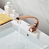 abordables Clásico-Grifo de latón para lavabo de baño, juego central con forma de curva de oro rosa, juego de grifo de un solo orificio con agua fría y caliente