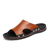 abordables Sandales décontractées-sandales en cuir noir à enfiler pour hommes – sandales de plage décontractées à bout ouvert avec design clouté et semelle confortable