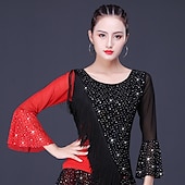 billige Klær til latindans-latin dansetopp glitterfrynset dusk delt ledd kvinners treningsytelse langermet melkefiberpolyester