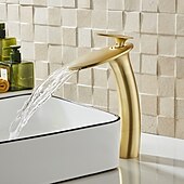 abordables Classiques-Robinet de lavabo de salle de bain cascade avec tuyau d&#039;alimentation, robinet de lavabo monotrou à poignée unique, mitigeur de lavabo à corps incliné commercial