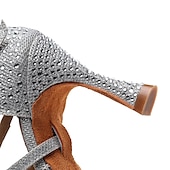 abordables Chaussures de danses latines-chaussures de danse à strass argentées pour femmes avec lanières croisées - talons ouverts pour salle de bal et latine