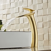 abordables Classiques-Robinet de lavabo de salle de bain cascade avec tuyau d&#039;alimentation, robinet de lavabo monotrou à poignée unique, mitigeur de lavabo à corps incliné commercial