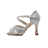 abordables Chaussures de danses latines-chaussures de danse à strass argentées pour femmes avec lanières croisées - talons ouverts pour salle de bal et latine