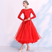 abordables Salle de Bal Standard-Robe de danse de salon cristaux à joint fendu robe de compétition/strass performance des femmes à manches longues spandex