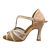economico Scarpe per balli latini-Scarpe da ballo latino da donna con strass e suola in morbida pelle scamosciata – eleganti tacchi a spillo con cinturino a T in raso per salsa, tango, bachata e altri eventi