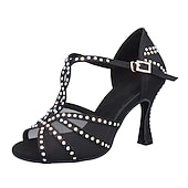 economico Scarpe per balli latini-Scarpe da ballo latino da donna con strass e suola in morbida pelle scamosciata – eleganti tacchi a spillo con cinturino a T in raso per salsa, tango, bachata e altri eventi