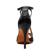 رخيصةأون أحذية لاتيني-حذاء رقص نسائي بكعب عالٍ مفتوح من الأمام من الساتان باللون الأسود مع نعل من جلد السويد الناعم - حذاء رقص لاتيني بأشرطة مع حزام للكاحل للسالسا والأداء