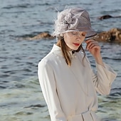 cheap Party Hats-Fascinators Hats 100% Linen Bucket Hat Melbourne Cup Elegant Romantic Wedding With Feather Headpiece Headwear
